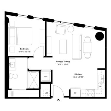 Rendering of the A2 floor plan with 1 bedroom[s] and 1 bathroom[s] at 805 Lea